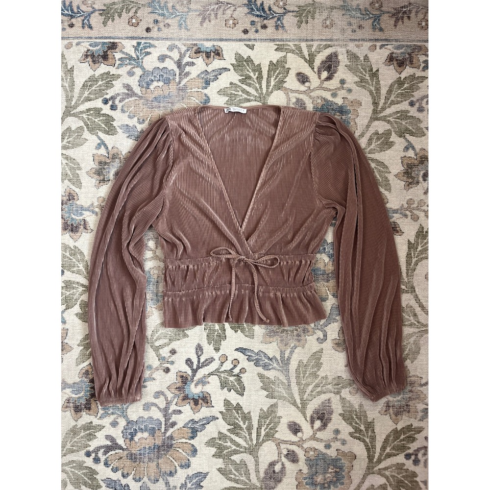 Zara Blouse Women L Mauve Excellent Plisse Wrap Tie Peplum Balloon Sleeve